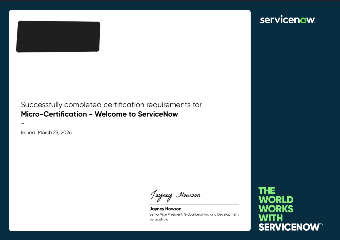ServiceNow Welcome Cert